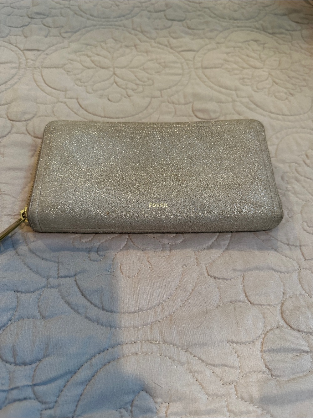 Fossil Metallic Silver Zip Wallet with Gold Logo